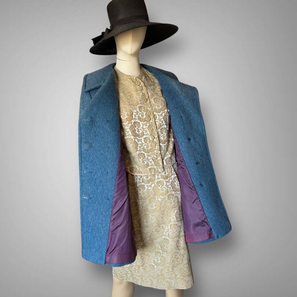 1970s Mod Blue Wool Double Breasted Pea Coat Dramatic Collar Med Vintage Jacket - Picture 3 of 13